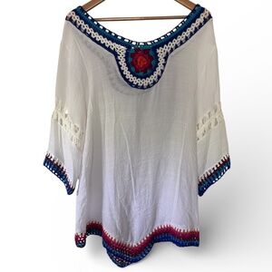 Handmade Boho Crochet Trim Blouse – White with Multicolor Accents, Made in Roman